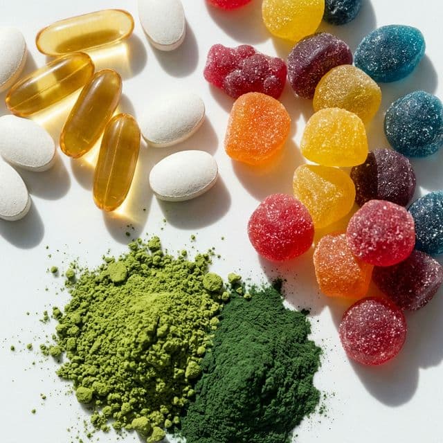 Premium supplement capsules, tablets, gummies and powder